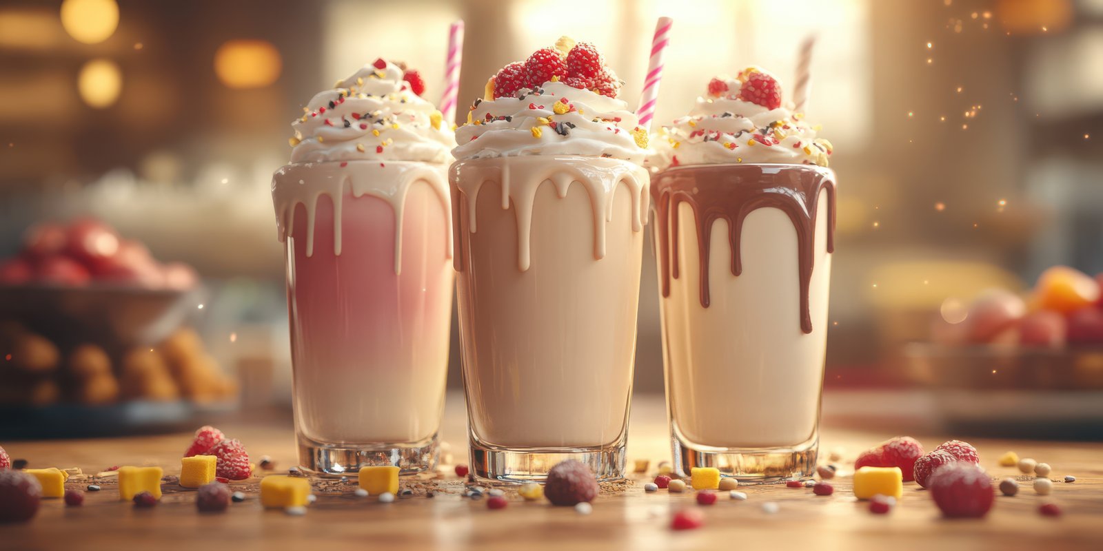 Three colorful milkshakes with cream and toppings on a wooden table in a cozy cafe during afternoon